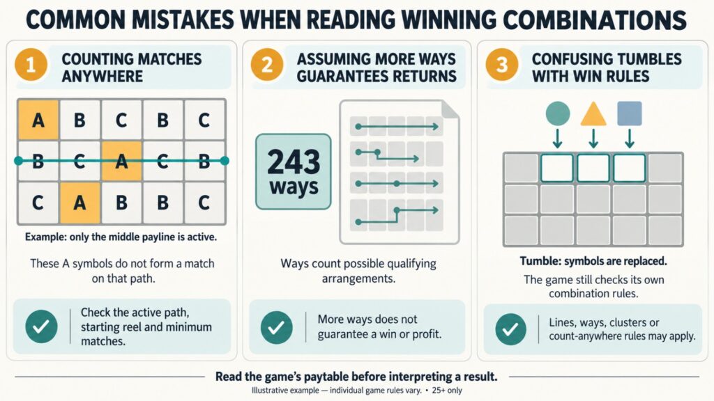 Illustration explains mistakes involving symbol positions, advertised ways and tumble mechanics.