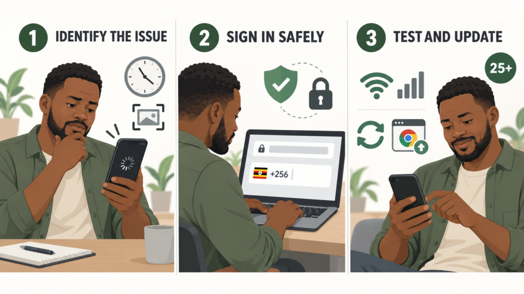 Three-panel illustration showing issue identification, safe login and browser connection checks for an adult Ugandan user.
