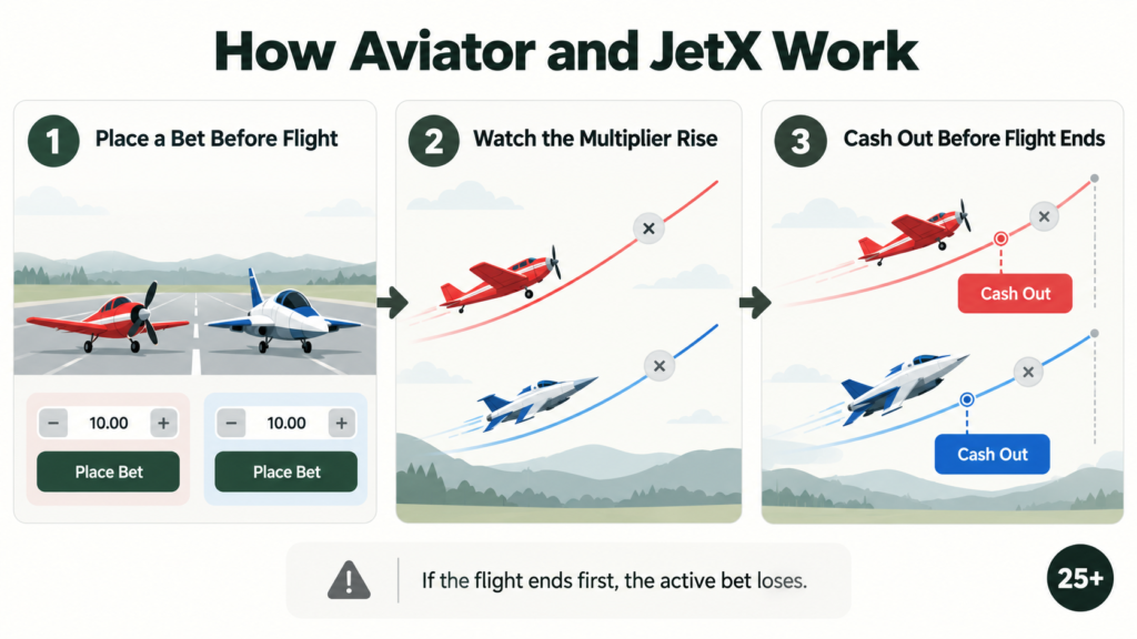Aviator and JetX betting, multiplier and cash-out steps.
