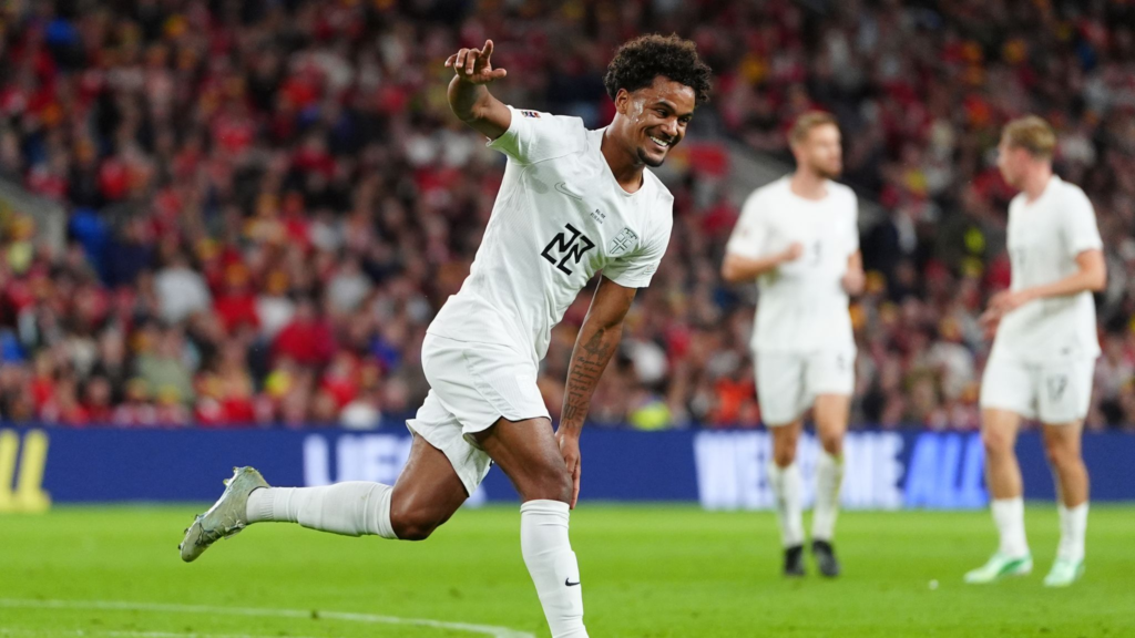 Norway forward Oscar Bobb celebrating after opening the scoring.