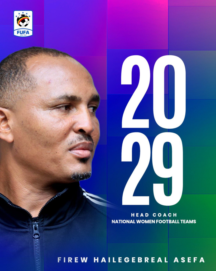 FUFA graphic announcing Firew Hailegebreal Asefa as head coach of the national women's football teams through 2029, featuring his portrait and the FUFA logo.
