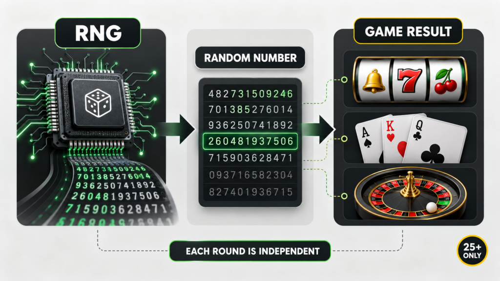 RNG process creates independent digital casino game results.