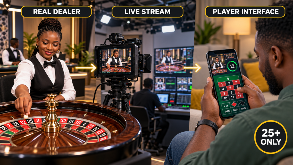 Dealer, camera and phone show live casino workflow.