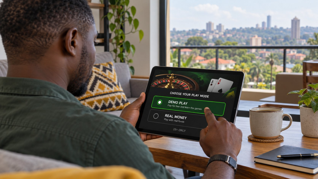 Ugandan adult compares casino demo and real-money modes.