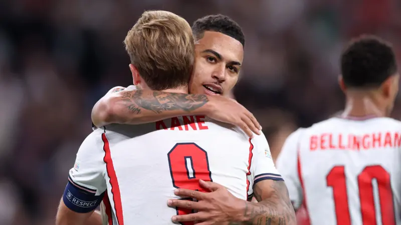 England forward Harry Kane celebrating after scoring twice on his 125th international appearance.