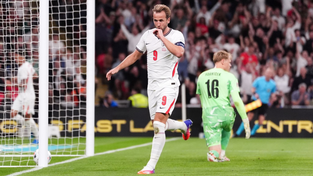 England captain Harry Kane, wearing No. 9, celebrating after scoring past Czechia goalkeeper Hornicek to double his side's lead.