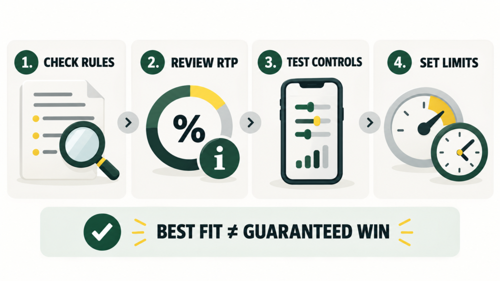 Rules, RTP, controls and limits guide game choice.