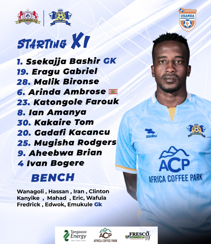 Mbarara City FC Starting XI graphic for their match against Ntugasaze FC, listing Ssekajja Bashir (GK), Eragu Gabriel, Malik Bironse, captain Arinda Ambrose, Katongole Farouk, Ian Amanya, Kakaire Tom, Gadafi Kacancu, Mugisha Rodgers, Aheebwa Brian and Ivan Bogere, with a player in the team's light blue kit.
