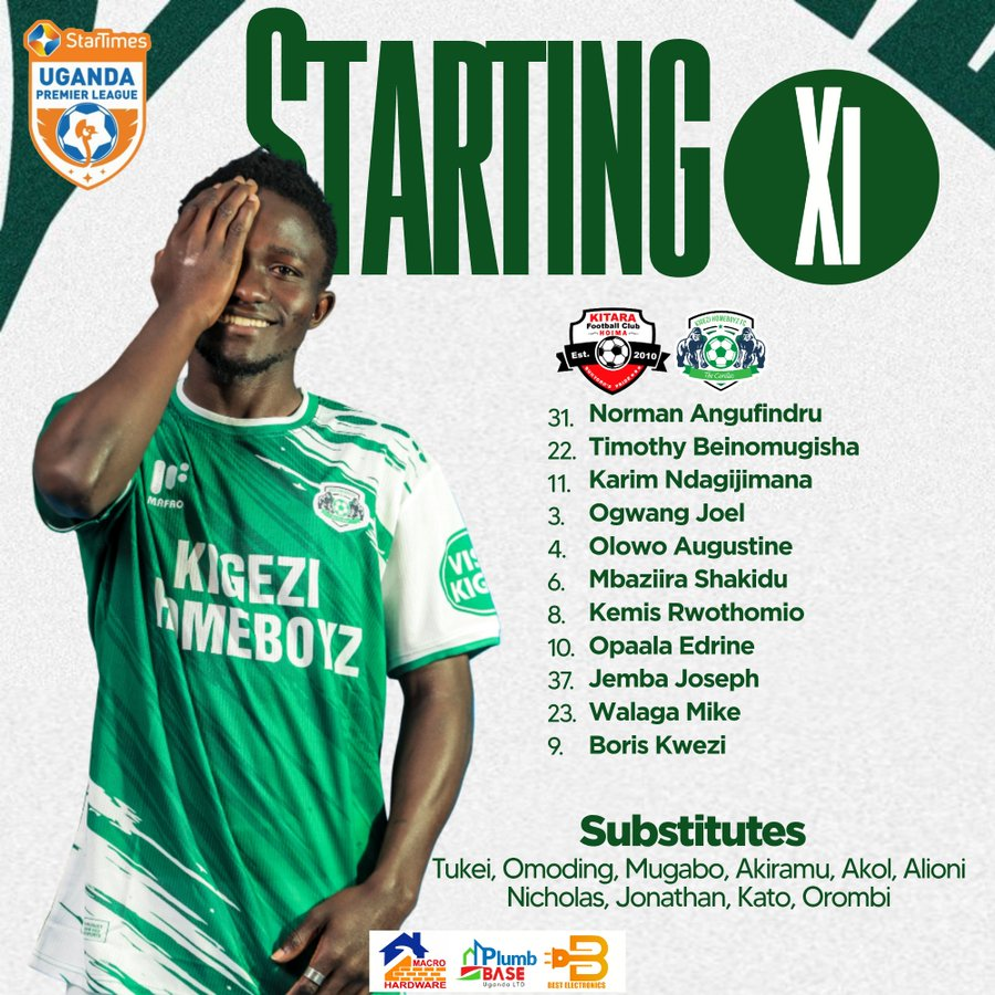 Kigezi HomeBoyz starting lineup announced for their Uganda Premier League match against Kitara FC.