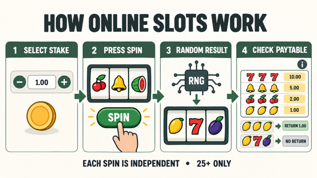 Four-step diagram shows how online slot games operate.