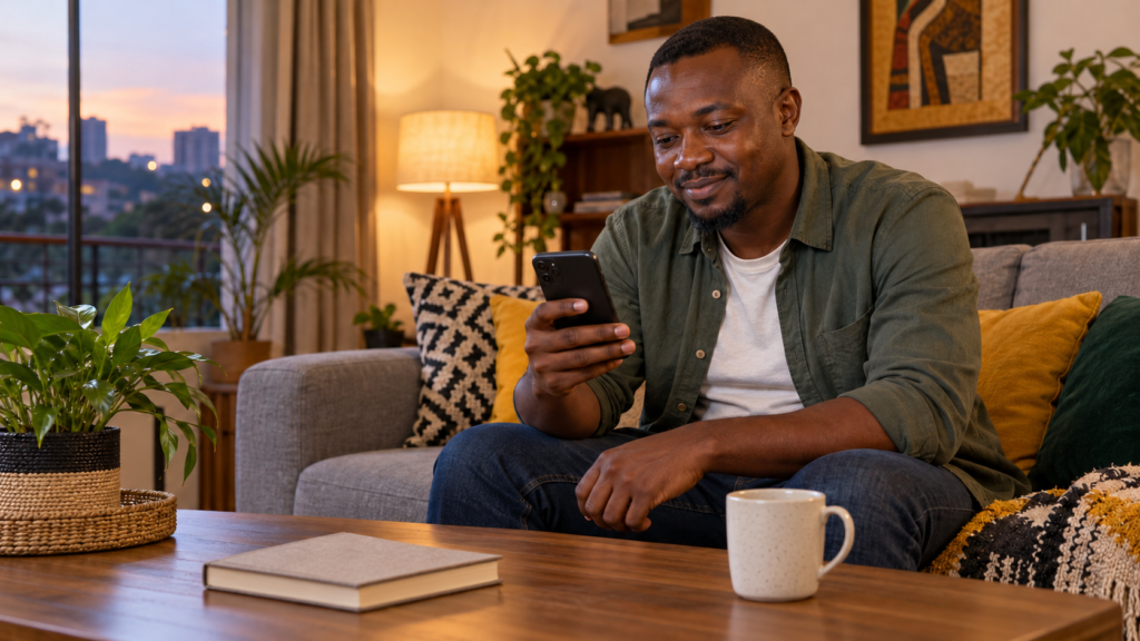 Ugandan man checks smartphone in a warm living-room.