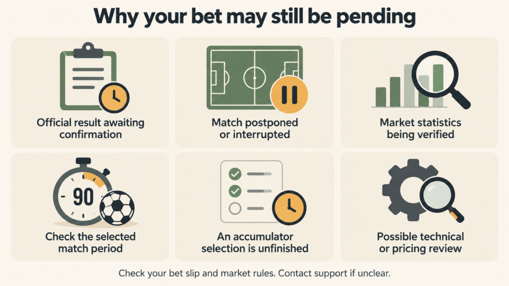 Six illustrated checks for understanding pending betting slips.
