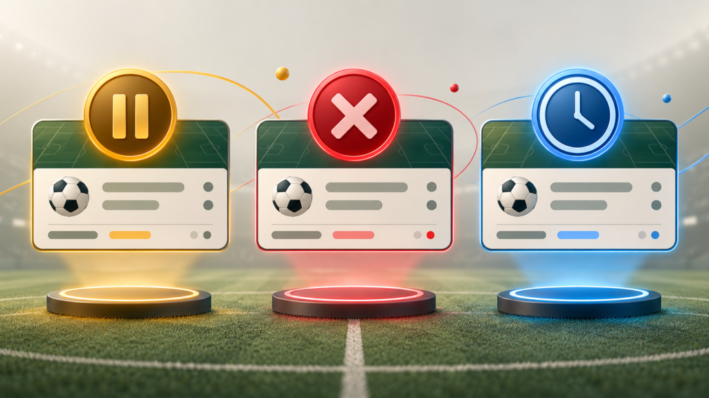 Pause, rejection and clock symbols explain bet statuses.