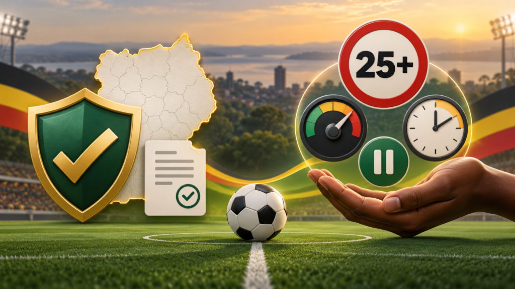 Licence shield, Uganda map and responsible betting controls.