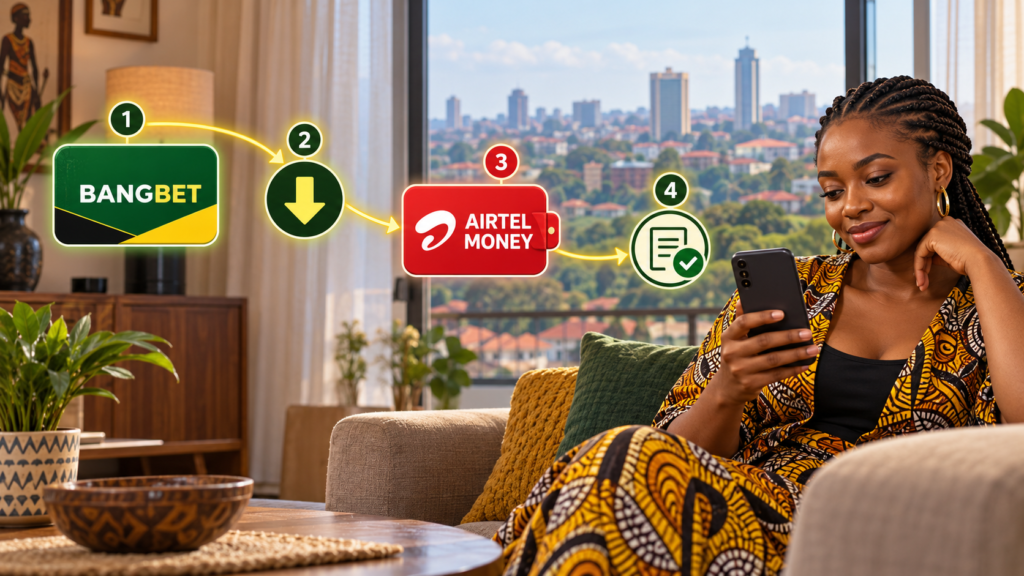 Ugandan woman completes Bangbet withdrawal into Airtel Money.