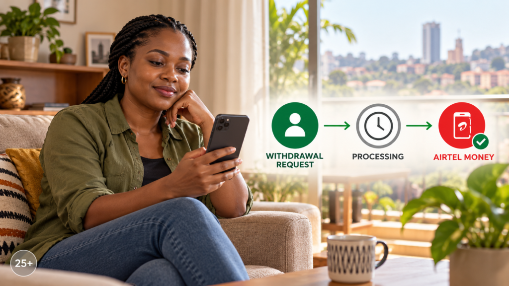 Ugandan woman waits while Airtel Money withdrawal processes.