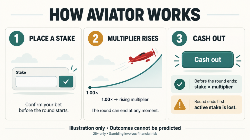 Three panels explain Aviator’s stages and losing-stake risk.