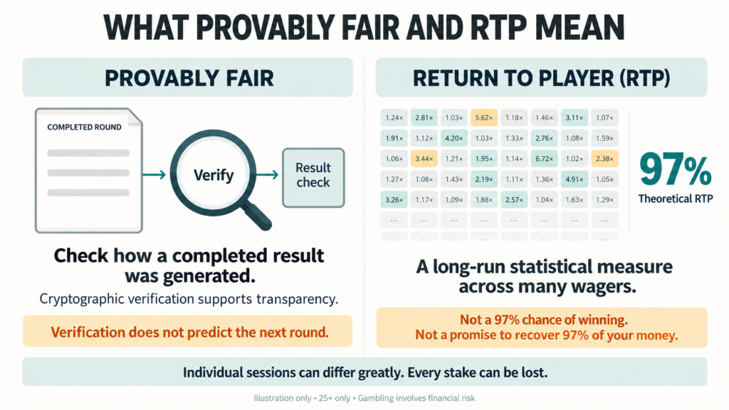 Illustration explains provably fair verification and theoretical RTP, highlighting that neither predicts wins nor guarantees returns.