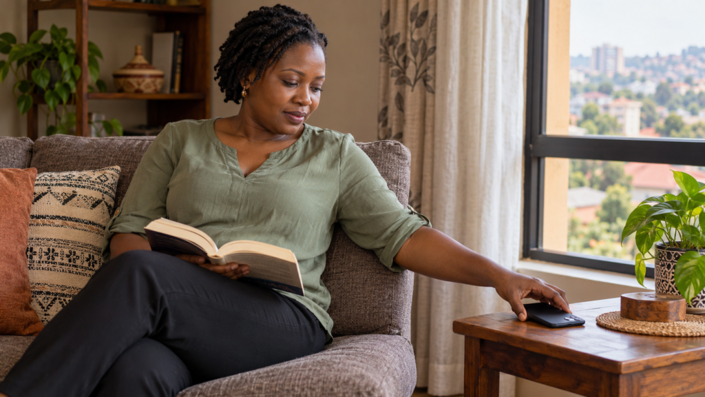 Woman sets her phone aside to read at home.