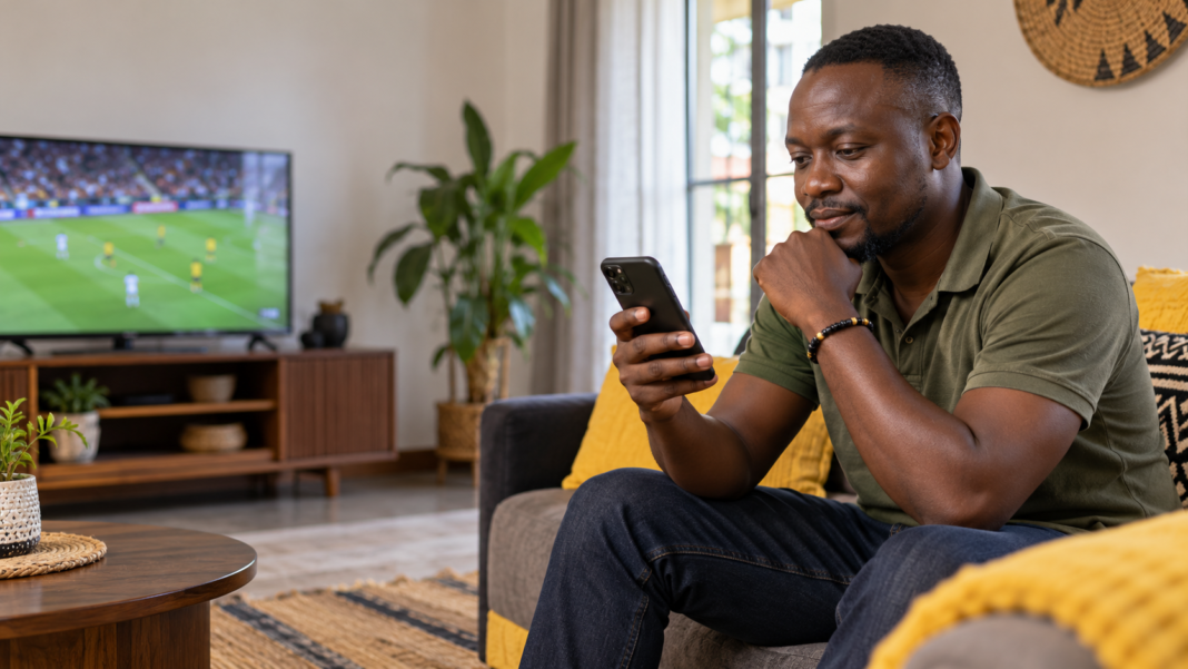Adult Ugandan fan checks sports betting details responsibly.