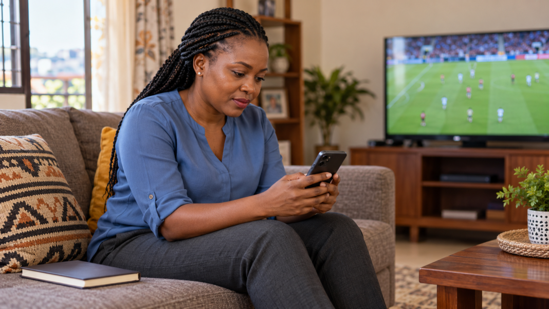 Woman uses her phone with football on television.