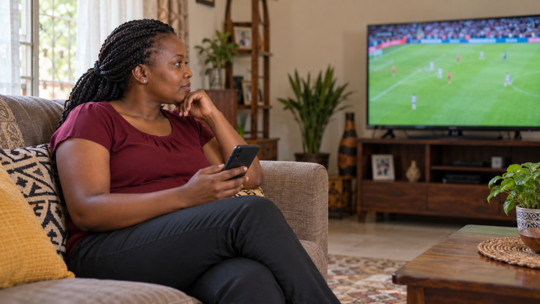 Woman holding smartphone while watching football from sofa.
