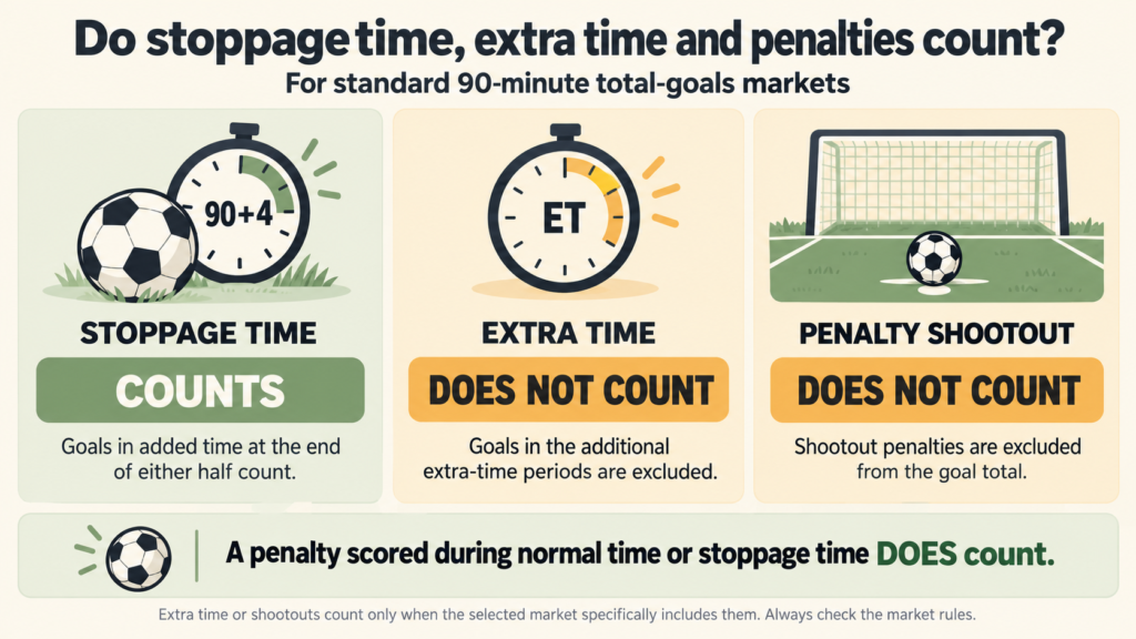 Illustration explaining stoppage time, extra time and shootouts.