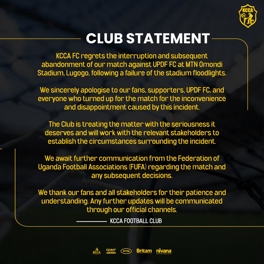 KCCA FC “Club Statement” graphic in yellow text on a dark background, apologising for the abandoned match against UPDF FC at MTN Omondi Stadium after a floodlight failure, and awaiting a FUFA decision.