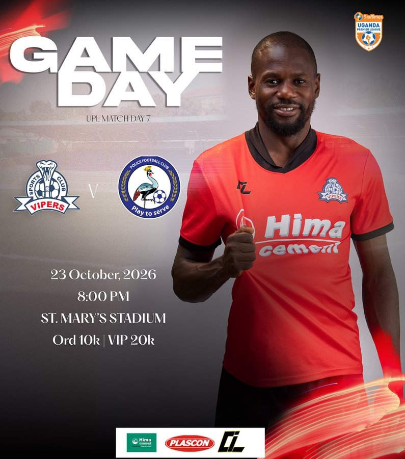 Vipers SC vs Police FC matchday graphic: “Game Day, UPL Match Day 7”, 23 October 2026, 8:00 PM, St. Mary’s Stadium, tickets Ordinary 10k, VIP 20k. A smiling bearded player in a red Vipers kit gives a thumbs-up beside the two club crests.