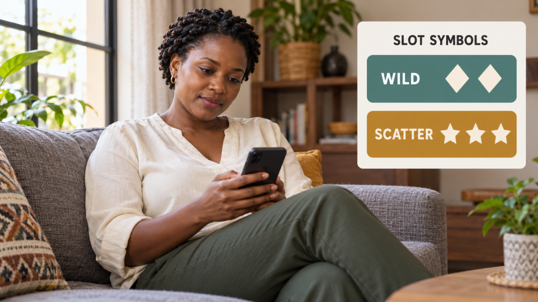 Woman using her phone beside illustrative wild and scatter symbols.