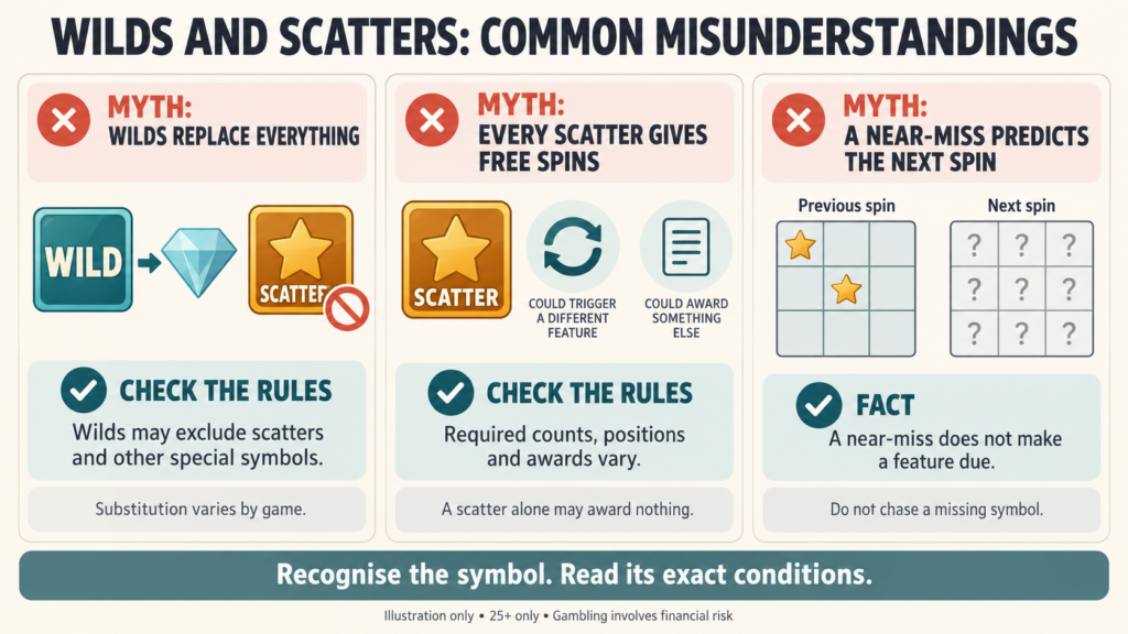 Illustration corrects myths about wild substitution, scatter awards and near-misses.