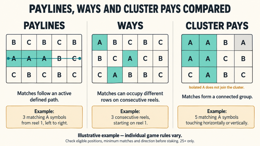 Three grids compare a defined payline, consecutive-reel matches and a connected cluster. Credit: AI-generated illustration.