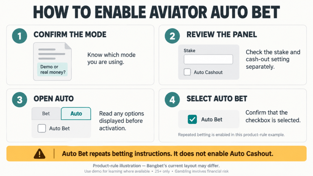 Four steps illustrate checking the mode, reviewing settings and selecting Auto Bet.
