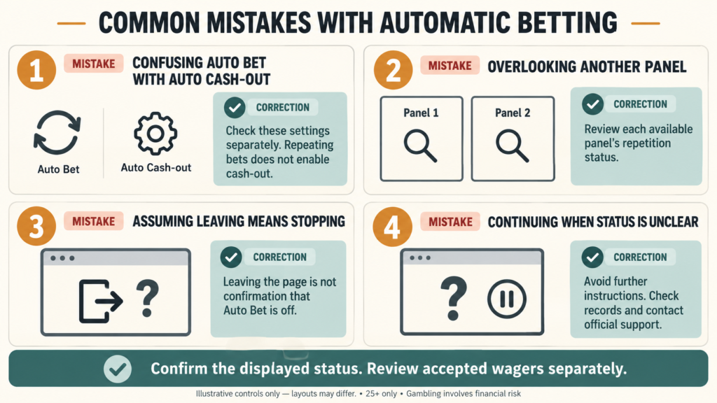 Illustration explains four automatic-betting mistakes and the checks needed to avoid them.