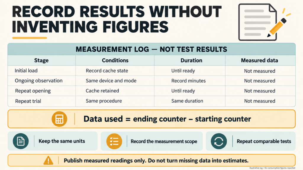 Measurement log separates loading, observation and repeat trials without displaying invented data figures.